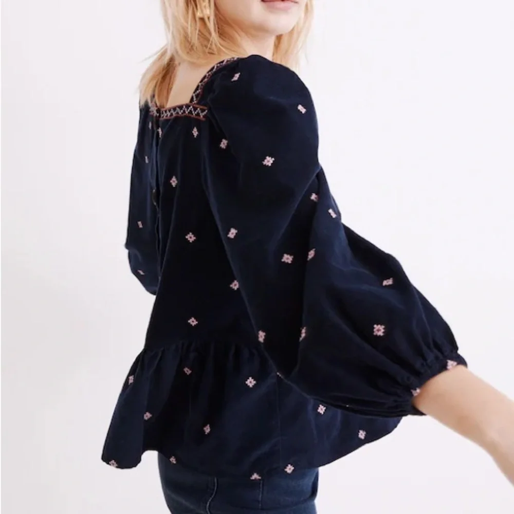 MADEWELL Embroidered Velvet Square Neck Corduroy Button-Back Peplum Boho Top